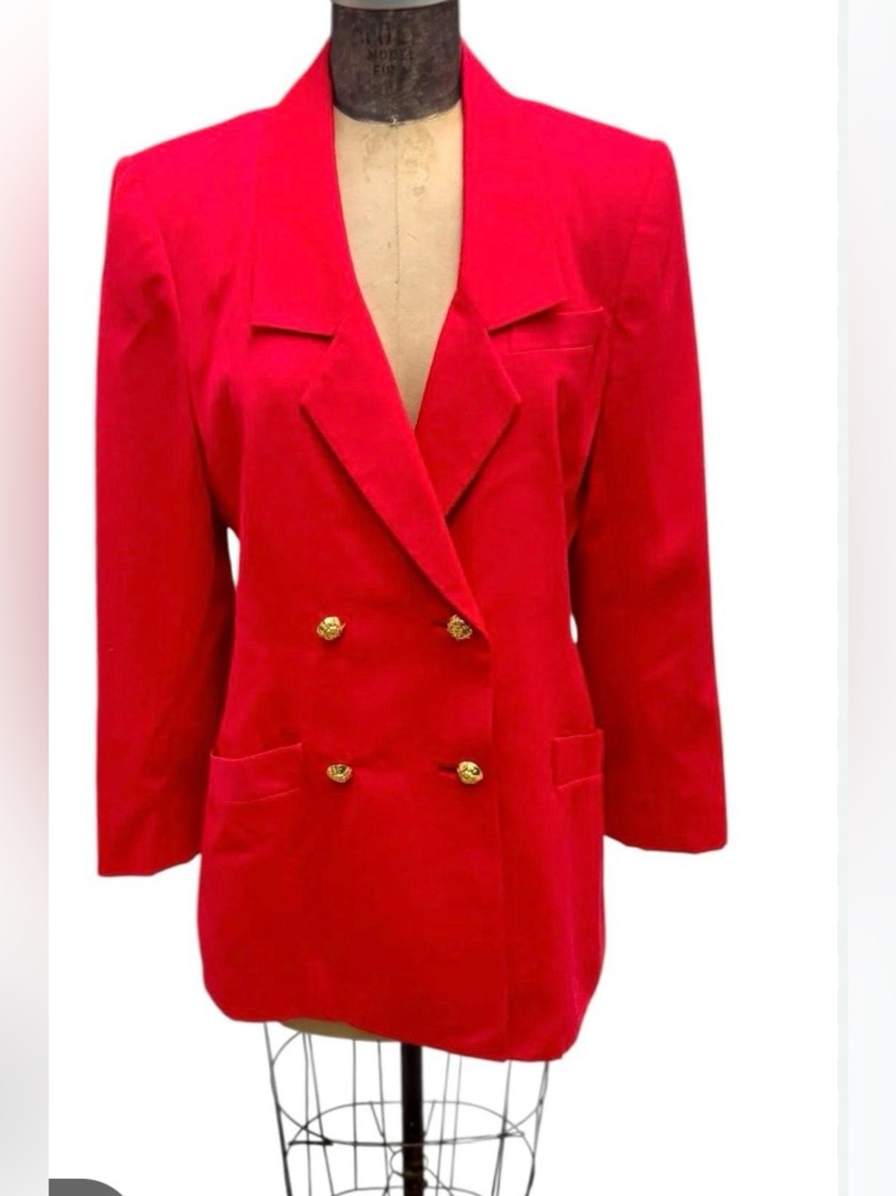 Vintage Classic Double-Breasted Red Women's Blazer Jacket with gold buttons. EUC